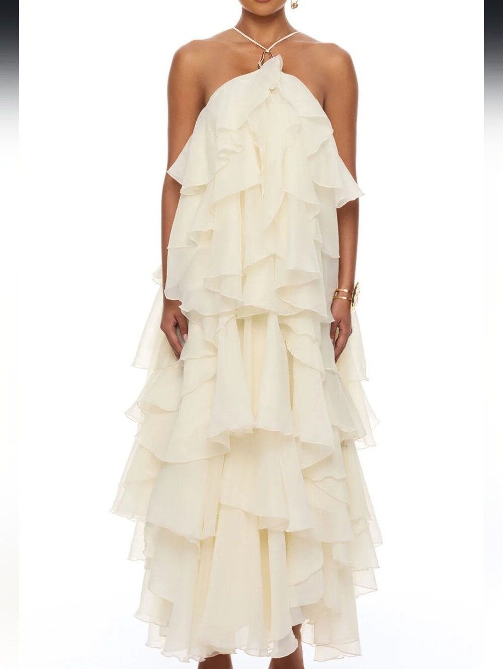 Ivory Ruffle Tiered Maxi Dress - Women's Halter Evening Gown